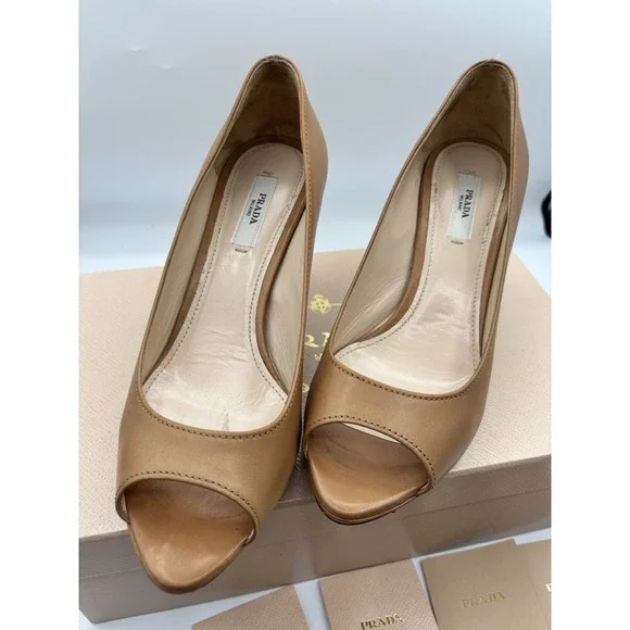 Prada Tan Peep-Toe Heels - Picture 2 of 11